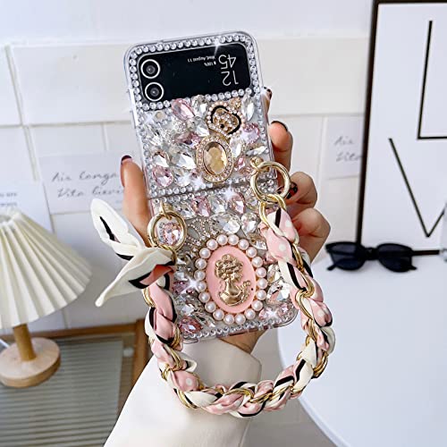 Omio für Samsung Galaxy Z Flip 4 Bling Hülle mit Handkette Handschlaufe Armband Seidenschal für Mädchen Frauen Glitzer Strass Perle Kristall Glitzer Diamant Stoßfest Cover für Galaxy Z Flip 4 Rosa von Omio