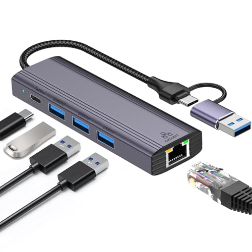 5-IN-2 USB C auf Ethernet Adapter 1000Mbps mit 3*USB 3.0&1*USB-C, USB 3.0 auf RJ45 Gigabit LAN Netzwerkadapter Nylon geflochten & Aluminiumlegierung Ethernet Hub für PS4/5, MacBook, Surface, XPS, ETT von Omivine