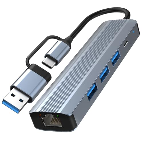 Dual USB-A/C LAN Adapter mit Gigabit Ethernet & 3X USB 3.0 & Typ-C Charging, Ethernet Adapter für Switch, iPhone 16/15, iPad, MacBook, Surface, Dell XPS (Plug&Play) von Omivine