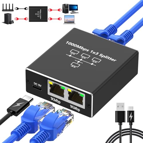 LAN Splitter 1 auf 3, Gigabit Ethernet Splitter 1000Mbps RJ45 LAN Netzwerk-Splitter mit USB-C Stromkabel für Computer, Hub, Switch, Router, ADSL, Digital TV, etc. gleichzeitig Arbeiten von Omivine