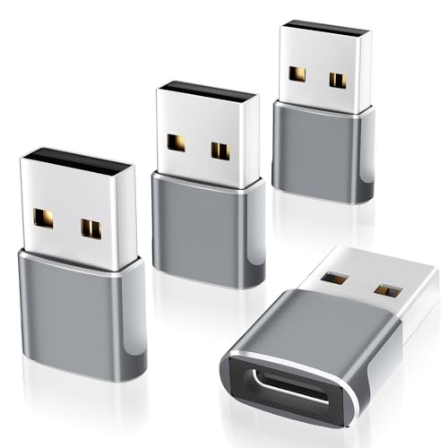 Omivine USB-A auf USB Typ-C Adapter 4 Pack, USB-C auf A Adapter, Typ C Buchse auf A Stecker Auto Ladekabel Konverter für iPhone 16 15, MacBook, Notebook, Tablet, Smartphone, Galaxy, iPad - Silbergrau von Omivine