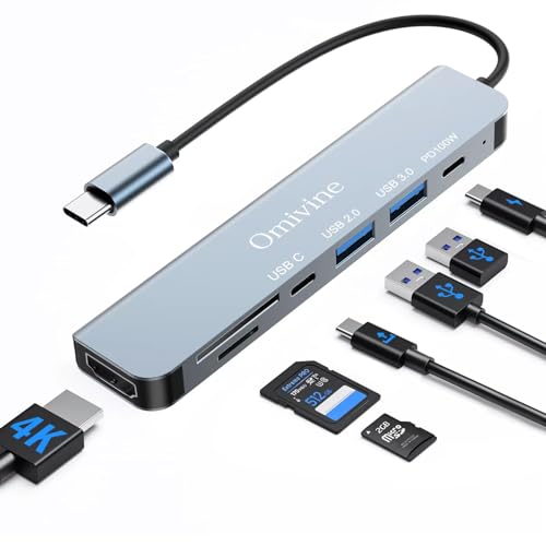 USB C Hub with HDMI, 7 in 1 USB C Multiport Adapter mit 100W PD, 4K HDMI, USB-C & 2 USB-A Datenanschlüsse, SD&TF Karten, USB Typ C Hub für MacBook Air/Pro, Chromebook, Huawei, Dell XPS, HP, Samsung von Omivine