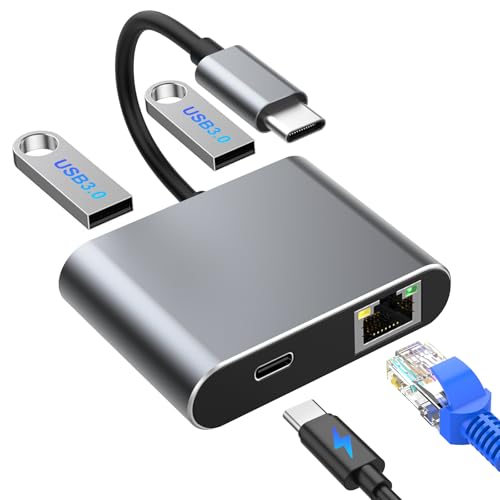 USB-C Hub 4-in-1 mit 1000Mbps Gigabit LAN, 100W PD Charging, 2×USB 3.0 Ports Ultra-Schnelle Datenübertragung | USB-C auf RJ45 Ethernet Netzwerkadapter für Laptop, MacBook, iPad Pro, iPhone 16/15 von Omivine