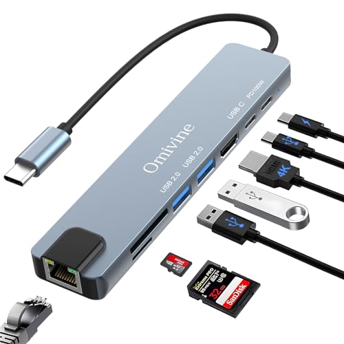 USB C Hub mit Ethernet Adapter, 8 in 1 USB C Multiport Splitter mit 100W PD, 4K HDMI, USB 3.0, Typ C Port, SD/TF Kartenleser Slim USB C Adapter für iPhone 15, MacBook, iPad, Samsung, Oberfläche von Omivine