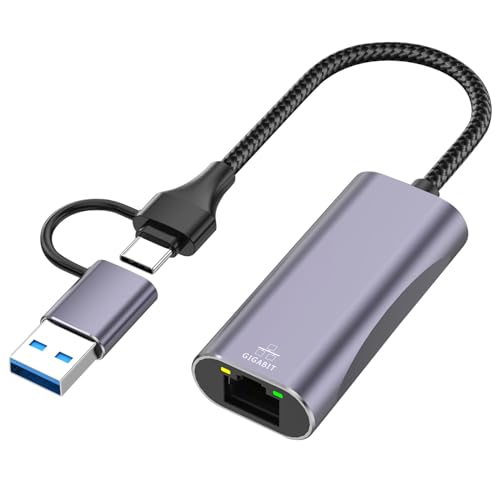 USB C auf Ethernet Adapter 1000M, 2-In-1 USB 3.0 auf RJ45 Gigabit LAN Netzwerkadapter, Nylon geflochten & Aluminiumlegierung Netzwerk Adapter auf USB Typ-C für Windows XP, MAC OS, Linux, Vista, etc von Omivine
