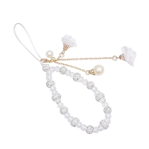 Omorro Handykette mit Kristallblumen-Anhänger – Perlen-Lanyard-Schlüsselanhänger – Anti-Verlust- und rutschfester Handygurt für Handtaschen-Dekoration, Zubehör – Weiß von Omorro