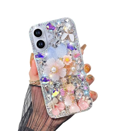 Omorro Kompatibel mit iPhone 16 Bling Hülle, Luxus Glitzer Strass Diamant Kristall Sparkle Rose Blume Perle Floral Parfümflasche Schleife Weiche Bumper Schutzhülle für Frauen Mädchen von Omorro