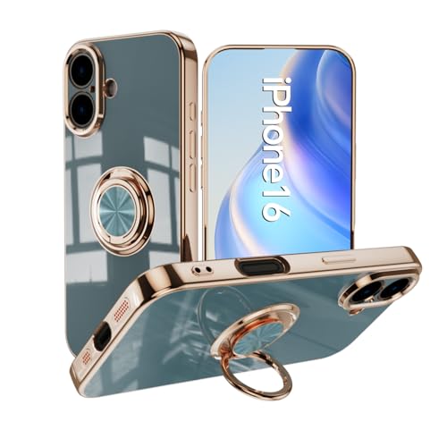 Omorro Kompatibel mit iPhone 16e Hülle für Damen und Mädchen, Ringhalter, 360° drehbarer Ring mit Ständer, plattierter Rand, Arbeit mit magnetischer Halterung, schlank, luxuriös, Grau von Omorro