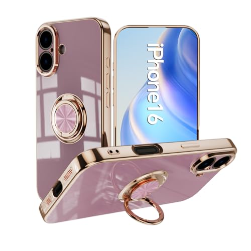 Omorro Kompatibel mit iPhone 16e Hülle für Frauen Mädchen Kickstand Ringhalter 360 Grad drehbarer Ring mit Ständer Beschichtung Rand Arbeit mit magnetischer Halterung Slim Luxury, Lila von Omorro