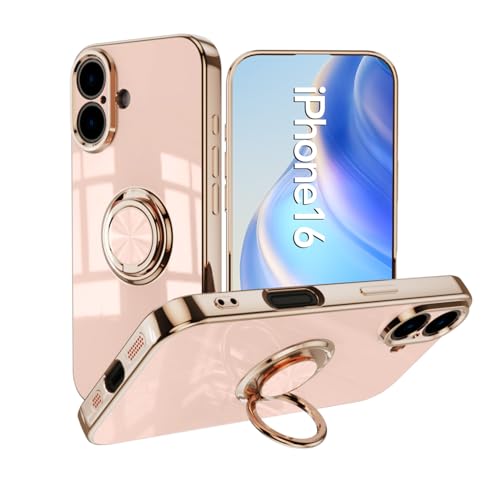 Omorro Kompatibel mit iPhone 16e Hülle für Frauen Mädchen Kickstand Ringhalter 360 Grad drehbarer Ring mit Ständer Beschichtung Rand Arbeit mit magnetischer Halterung Slim Luxury, Rosa von Omorro