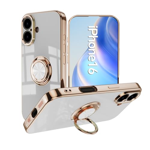 Omorro Kompatibel mit iPhone 16e Hülle für Frauen Mädchen Kickstand Ringhalter 360 Grad drehbarer Ring mit Ständer Beschichtung Rand Arbeit mit magnetischer Halterung Slim Luxury, Weiß von Omorro