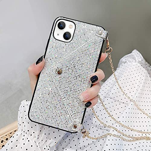 Omorro Schutzhülle für iPhone 15, Glitzer-Diamant-Pailletten, kleine Kreditkarten- und Bargeldhalter, Brieftaschen-Schutzhülle mit glänzender Kette, harte Rückseite aus Polycarbonat, mit Standfunktion von Omorro