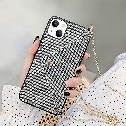 Omorro Schutzhülle für iPhone 15, Glitzer-Diamant-Pailletten, kleine Kreditkarten- und Bargeldhalter, Brieftaschen-Schutzhülle mit glänzender Kette, harte Rückseite aus Polycarbonat, mit Standfunktion Omorro Schutzhülle für iPhone 15, Glitzer-Diamant-Pailletten, kleine Kreditkarten- und Bargeldhalter, Brieftaschen-Schutzhülle mit glänzender Kette, harte Rückseite aus Polycarbonat, mit Standfunktion von Omorro