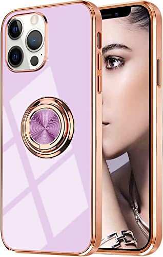 Omorro Schutzhülle für iPhone 15 Pro, mit Ringständer, 360 ° drehbar, Ringhülle mit Ständer, Roségold-Beschichtung, mit magnetischer Autohalterung, für Damen und Mädchen, Violett von Omorro