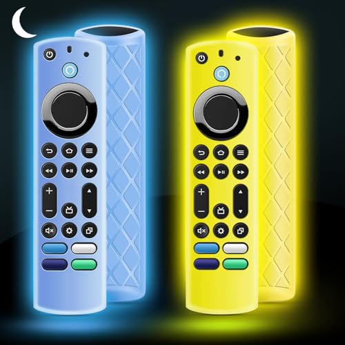 OneBom Silikon-Fernbedienungsabdeckung, leuchtet im Dunkeln, für Firetv 4K Max (2. Generation)/Insignia/Pioneer/Omni (QLED) Serie mit Umhängeband, leicht, rutschfest, stoßfest, leuchtet blau und von OneBom