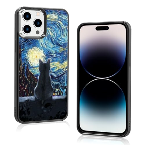 Onemiliayears Schwarze süße Katze iPhone 15 Pro Max Hülle, Van Gogh niedliche Katze iPhone Hülle, rutschfestes Musterdesign, weiche Silikagel-Rahmenunterstützung, schwarze Handyhülle für von Onemiliayears