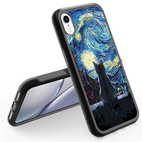 Schutzhülle für iPhone XR mit süßer Katze, 15,5 cm (6,1 Zoll), Motiv: Van Gogh, rutschfestes Muster und Stoßdämpfung, weiches Silikagel, Rahmenunterstützung, schwarze Handyhülle für Teenager-Mädchen von Onemiliayears