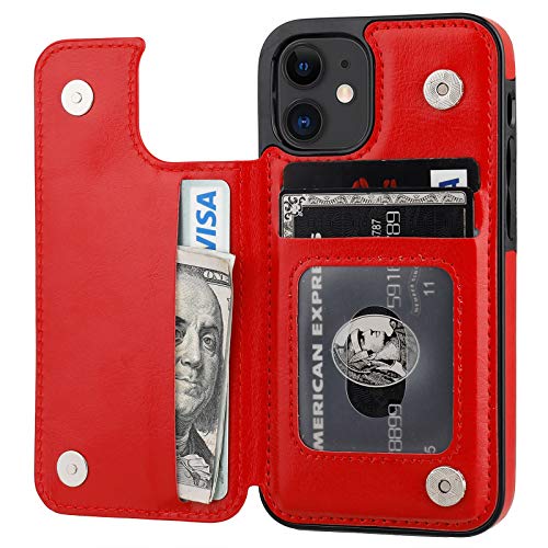 ONETOP Kompatibel mit iPhone 12 Mini Wallet Case mit Kartenhalter, PU-Leder, Kickstand Kartenfächer, doppelter Magnetverschluss und langlebige, stoßfeste Abdeckung 13,7 cm (5,4 Zoll) (rot) von Onetop
