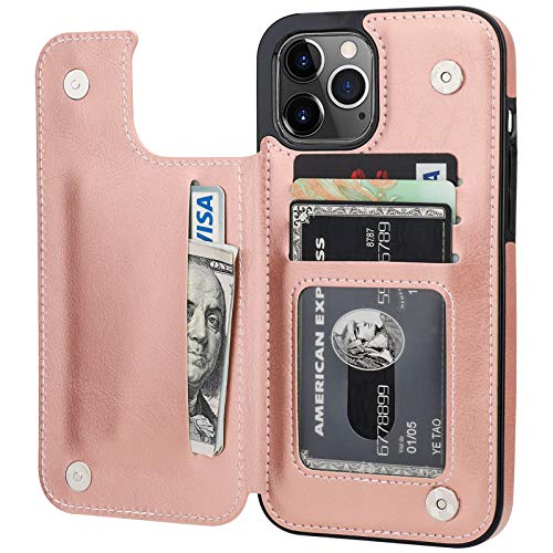 ONETOP mit Kartenhalter, PU-Leder, ausklappbarer Kartenschlitze, doppelter Magnetverschluss und strapazierfähige, stoßfeste Schutzhülle für iPhone 12 Pro Max 17,5 cm (6,7 Zoll) (Roségold) von Onetop