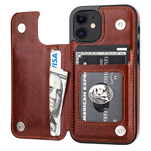 Onetop Kompatibel mit iPhone 12 Mini Wallet Case mit Kartenhalter, PU-Leder, Ständer, Kartenfächer, doppelter Magnetverschluss und langlebige, stoßfeste Abdeckung, 13,7 cm (5,4 Zoll) (braun) von Onetop
