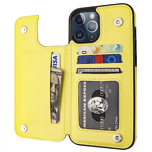 Onetop Kompatibel mit iPhone 12 Pro Max Wallet Case mit Kartenhalter, PU-Leder, Ständer, Kartenfächer, doppelter Magnetverschluss und langlebige, stoßfeste Abdeckung, 16,7 cm (6,7 Zoll) (gelb) von Onetop