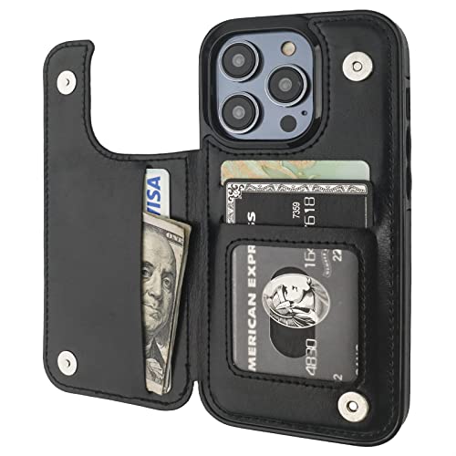 Onetop Kompatibel mit iPhone 14 Pro Wallet Case mit Kartenhalter, PU-Leder Kickstand Kartenfächer Hülle, Doppelter Magnetverschluss und langlebige, stoßfeste Abdeckung 15,5 cm (6,1 Zoll) (Schwarz) von Onetop