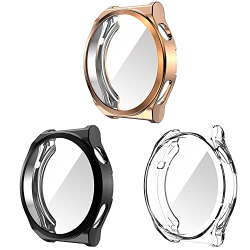 Onetuo Schutzhülle Kompatibel mit Huawei Watch GT 3 Pro 43mm/46mm, Flexibles TPU Vollschutz mit schutzfolie Kratzfest Displayschutz Schutz Hülle Für Huawei Watch GT 3 Pro (43mm, Schwarz+Klar+Roségold) von Onetuo