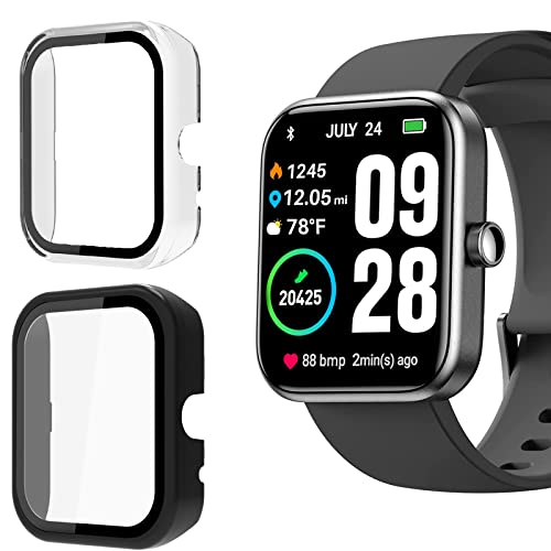 Onetuo Schutzhülle für Tozo s2 Smartwatch, Hard PC hülle mit Glas Displayschutz kompatibel mit tozo s2 Smartwatch (Schwarz+Clear) von Onetuo