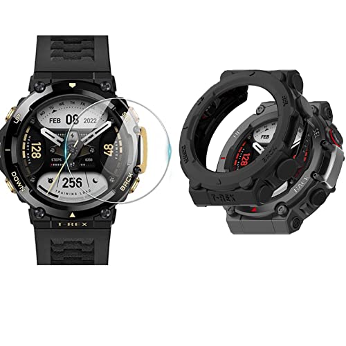 Onetuo Schutzhülle kompatibel Für Amazfit T-Rex 2 Smartwatch, Ultra dünn Silikon Schutz Hülle für Amazfit T-Rex 2 Smartwatch (Schwarz hülle+ 2*panzerglas) von Onetuo