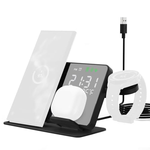 Oniissy 4 in 1 Wireless Charger Dock mit LED Wecker Schnellladestation, Wireless Ladestation mit LED Wecker für Telefon Uhr und Kopfhörer (schwarz + weiß) von Oniissy