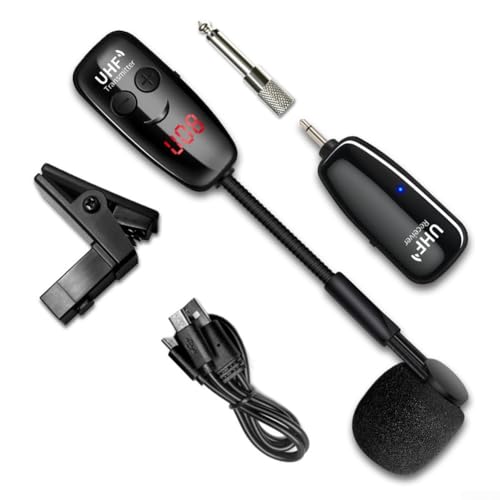 Oniissy UHF Kabelloses Saxophon-Mikrofon-Set, für 360 Grad drehbaren Clip, stoßfest, für Trompete, groß, Horn, Posaune, eingebauter 400 mAh wiederaufladbarer Lithium-Ionen-Akku von Oniissy