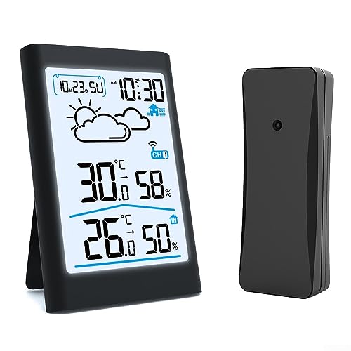 Oniissy Wetterstation Funk mit Außensensor, Außen Innen Thermometer Hygrometer Raumthermometer Funk Temperaturstation mit Wettervorhersage Black von Oniissy