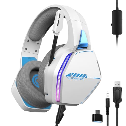 Oniverse Gaming-Headset PS5 PS4 Switch Xbox PC Mac mit verstellbarem Mikrofon, LED, Lautsprecher 50 mm, Ohrpolster aus atmungsaktivem Stoff, kabelgebunden, Nebula (Arctic White/weiß) von Oniverse