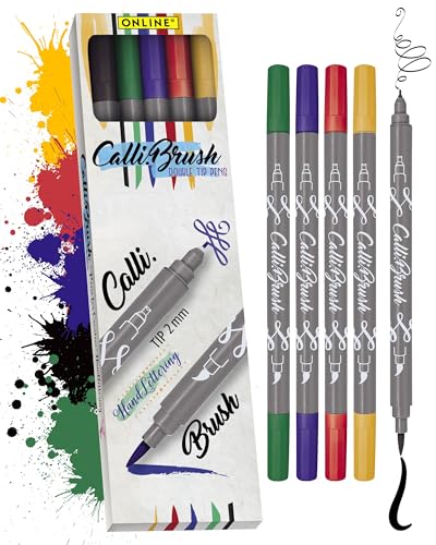 ONLINE Brush-Pen Set Calli.Brush Classic I 5 Double-Tip Pinselstifte mit Kalligrafie-Spitze & Pinselspitze I Ungiftige Handlettering Stifte als Kalligraphie Set für Bullet Journals, Aquarell, Mandalas von Online