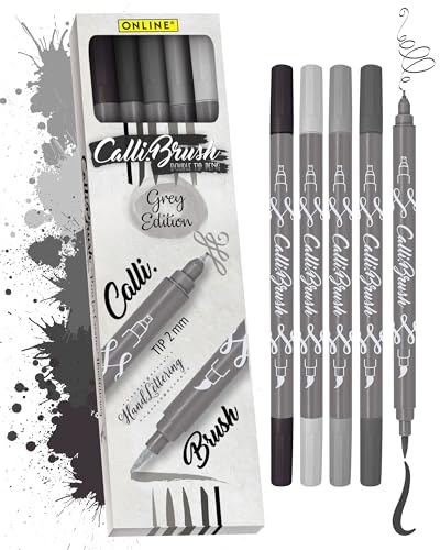 ONLINE Brush-Pen Set Calli.Brush Grey I 5 Double-Tip Pinselstifte mit Kalligrafie-Spitze & Pinselspitze in 5 Grautönen I Handlettering Stifte als Kalligraphie Set für Bullet Journals, Aquarell & Co von Online