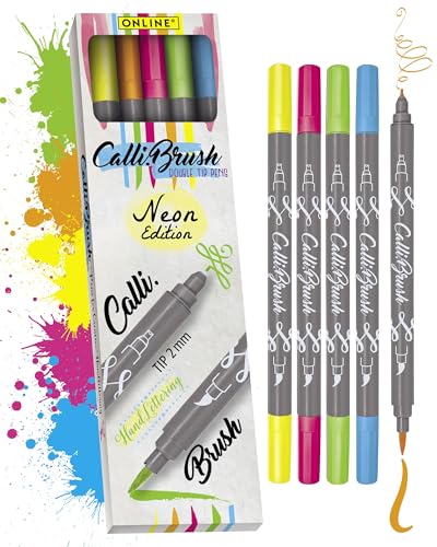 ONLINE Brush-Pen Set Calli.Brush NEON I 5 Double-Tip Pinselstifte mit Kalligrafie-Spitze & Pinselspitze I Ungiftige Handlettering Stifte als Kalligraphie Set für Bullet Journals, Aquarell, Mandalas von Online