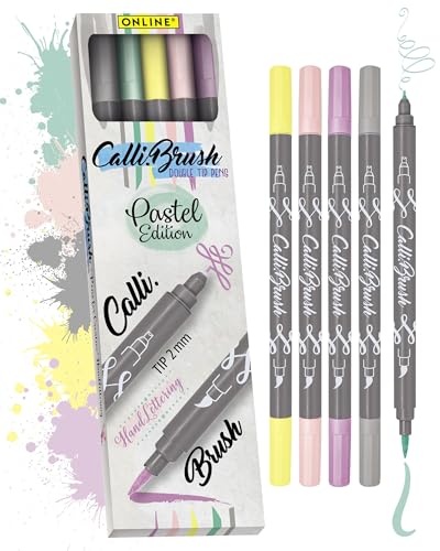 ONLINE Brush-Pen Set Calli.Brush Pastel I 5 Double-Tip Pinselstifte mit Kalligrafie-Spitze & Pinselspitze I Ungiftige Handlettering Stifte als Kalligraphie Set für Bullet Journals, Aquarell, Mandalas von Online