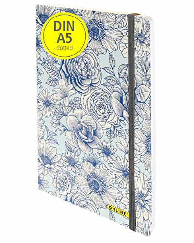 ONLINE Bullet Journal Blue Flowers, 120 g/m² FSC Papier, DIN A5, 144 Innenseiten dotted/gepunket, Notizbuch mit Soft Cover und Gummiband, Tagebuch für Notizen, Skizzen, Lettering von Online