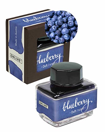 ONLINE Duft-Tinte Blueberry, Tintenglas Blau 15ml, bunte Füllertinte für Kalligrafie, Handlettering, Schreibtinte, Tintenfass für Konverter, Tinte der Sinne auf wasserbasis von Online