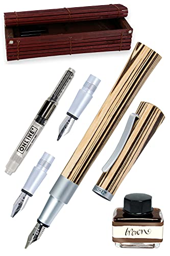 ONLINE Kalligraphie-Füllhalter Newood, Schönschreib-Füller, natürliches Wawa-Holz in braun, 3 Strichstärken 0,8 1,4 und 1,8 mm, enthält ein Tintenglas mit brauner Tinte (15ml), in Geschenkbox von Online