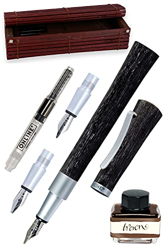 ONLINE Kalligraphie-Füllhalter Newood, Schönschreib-Füller, natürliches Wawa-Holz in schwarz, 3 Strichstärken 0,8 1,4 und 1,8 mm, enthält ein Tintenglas mit brauner Tinte (15ml), in Geschenkbox von Online