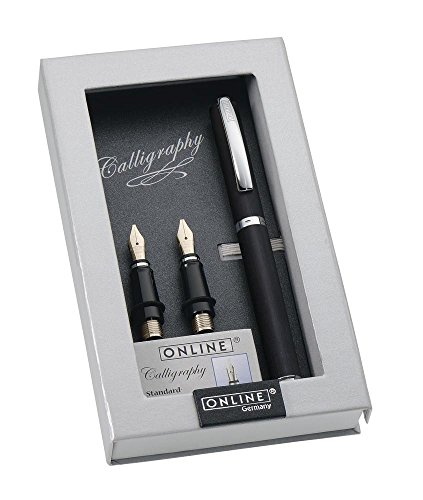 Online 36646 Kalligrafie-Set Vision Black, Füller mit 3 Kalligraphie-Federn Breite 0.8, 1.4, 1.8 mm, inklusive Calligraphy-Tintenpatronen, in edler Geschenk-Box, Schönschreib-Füller Schwarz, 9-teiliges Set von Online