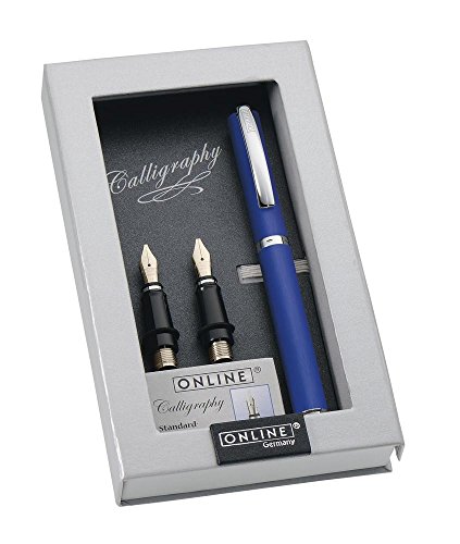 Online 36653 Kalligrafie-Set Vision Blue, Füller mit 3 Kalligraphie-Federn Breite 0.8, 1.4, 1.8 mm, inklusive Calligraphy-Tintenpatronen, in edler Geschenk-Box, Schönschreib-Füller Blau von Online