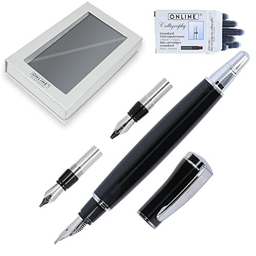 Online 36829 Kalligraphie-Set Tango, schwarzer Design Metall-Füllhalter, Kalligrafie-Federn in 3 Strichstärken 1,1-mm, 1,5-mm, 1,9-mm, inkl. Calligraphy-Tintenpatronen, Geschenk-Set mit Etui von Online