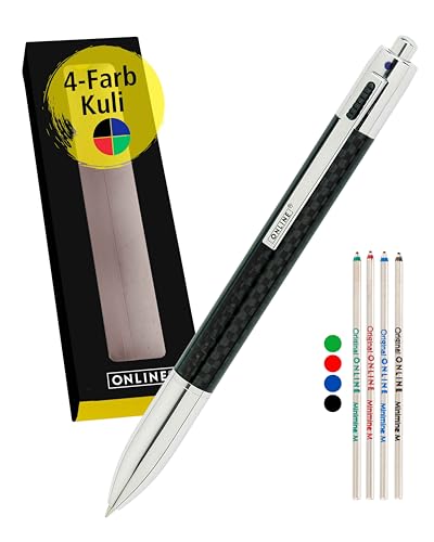 Online 4-Farb-Kugelschreiber in Carbon Design, inkl. Ersatzminen, Drehmechanik, Multifunktionsstift aus Metall mit vier D1 Kugelschreiber-Minen, in Geschenkbox von Online