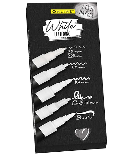 Online 5er-Set Handlettering-Stifte Weiß zum Mutter- und Vatertag I Deckendes Starter-Set mit Brush Pen, Fineliner, Kalligrafie Stift & Markern I Weiße Acryl Marker für Bullet Journal, DIY & mehr von Online