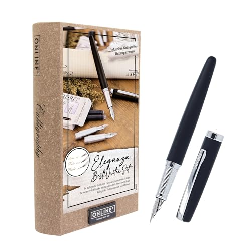 Online Eleganza Kalligrafie Set, Schönschreibfüller mit 3 Federn in den Strichstärken 0,8/1,4/1,8 mm, Kalligrafie Füller Geschenkset, inklusive Tintenpatronen schwarz/braun, Geschenkverpackt von Online