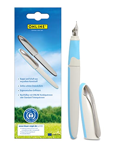 Online Füller Air Blau | Blauer Engel zertifiziert | hochwertiger Schul-Füller in ergonomischem Dreiecks-Design | stabile Iridiumfeder, Breite M | nachfüllbar | inklusive Tintenpatrone blau von Online
