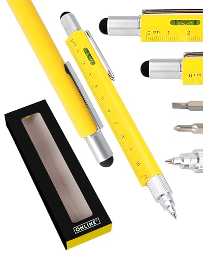 Online Multifunktions Stift 6-in-1 Gelb I Multitool Kugelschreiber mit verschiedenen Funktionen I Geschenk für Vater- und Muttertag, Handwerker, Papa, Mama, Hausbau, Werkzeug von Online