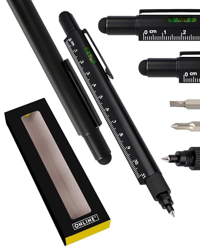Online Geschenk Stift 6-in-1 Schwarz I Multitool Stift mit verschiedenen Funktionen I Multifunktions-Kugelschreiber & Werkzeug I Geschenk für Vatertag, Hausbau, Handwerker, Papa, Mama von Online